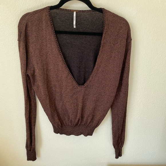 Free People Women’s Deep V Neck Sparkle Brown Sweater Size XS Pullover - Picture 2 of 8